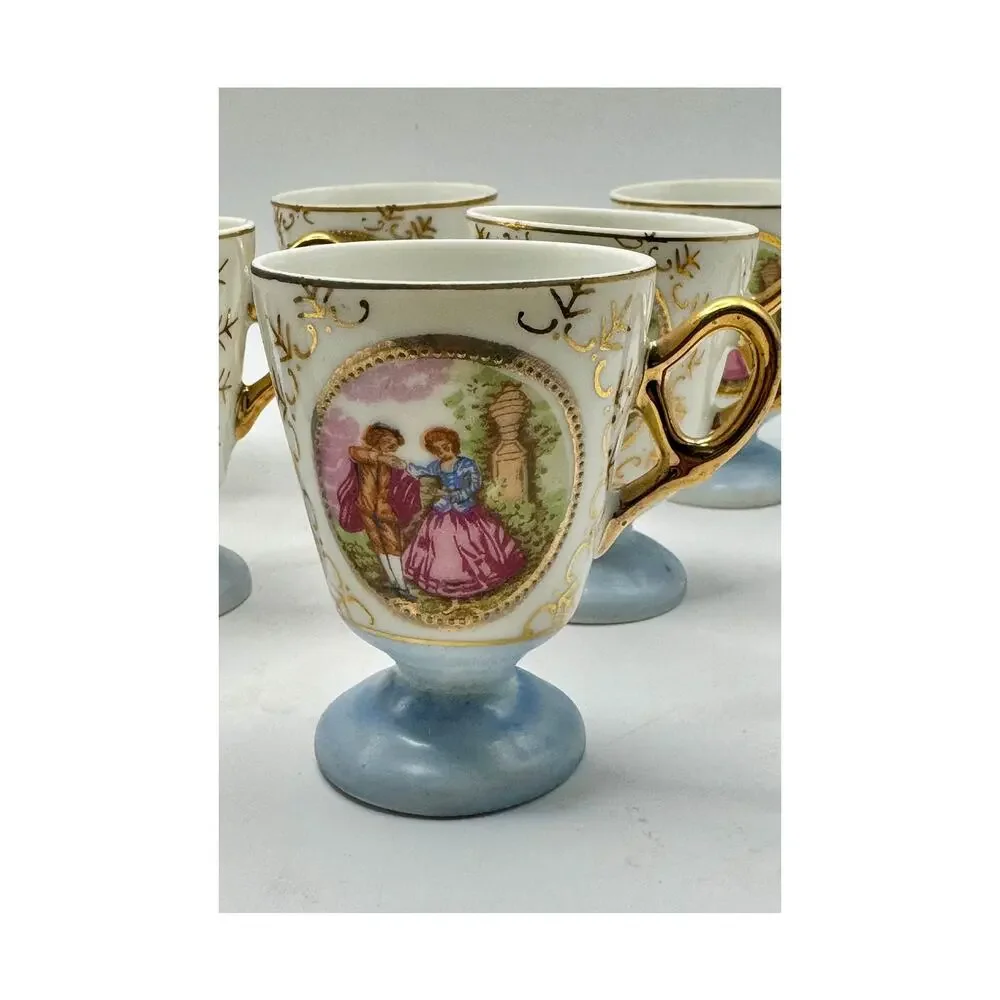Vintage Japan Demitasse Cups Set of 8‎ Blue Gold Courting Couple Porcelain
